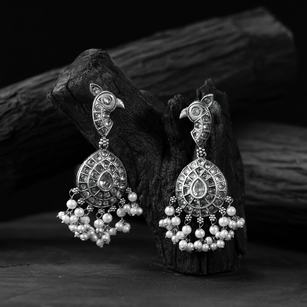 White - saanjh bela peacock motif oxidised earrings