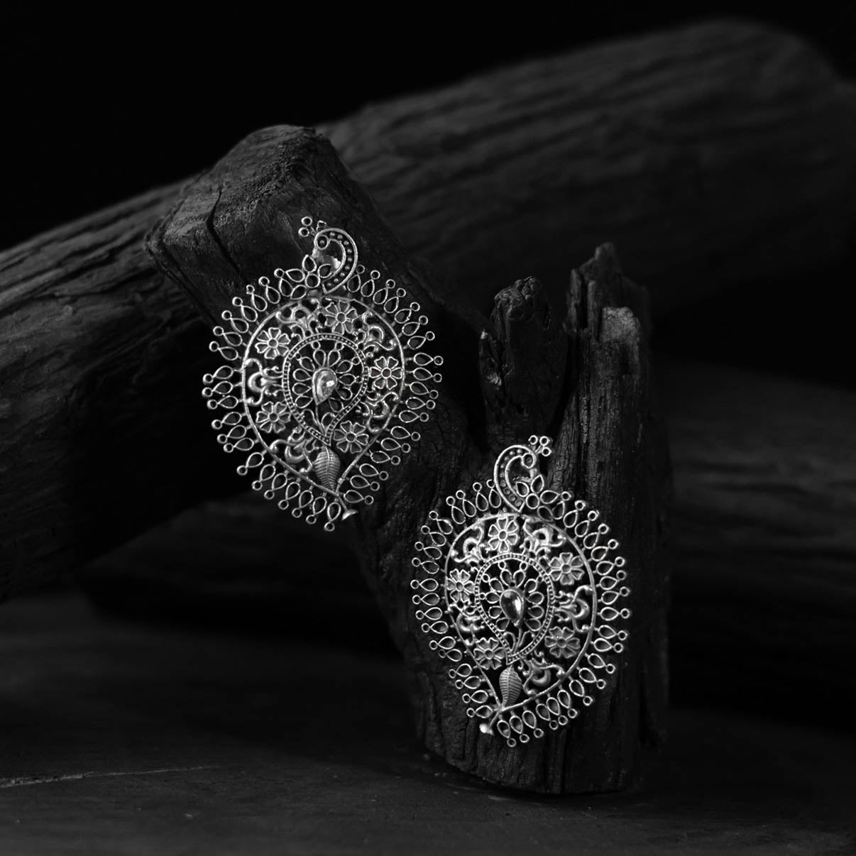 White - saanjh bela peacock & paisley oxidised earrings
