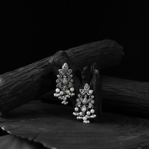 White - saanjh bela peacock pearls oxidised earrings