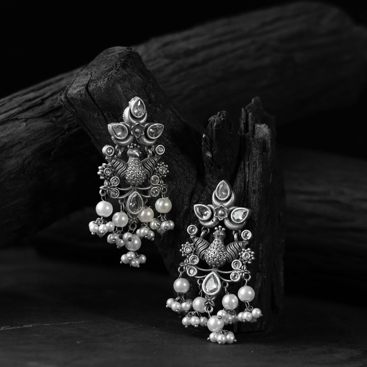 White - saanjh bela peacock pearls oxidised earrings