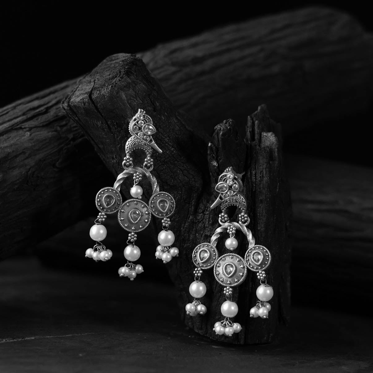 White - saanjh bela sparrow oxidised earrings - handcrafted