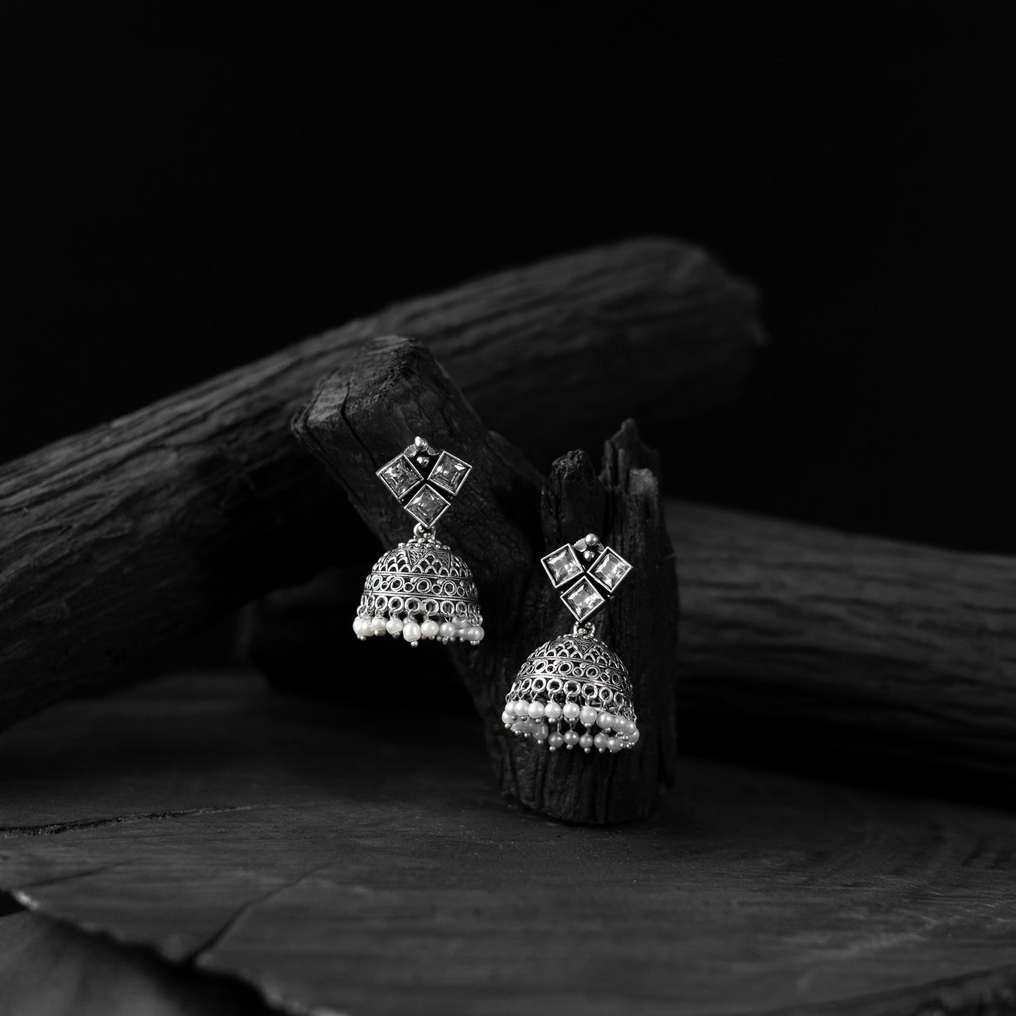 White - saanjh bela square oxidised jhumka earrings