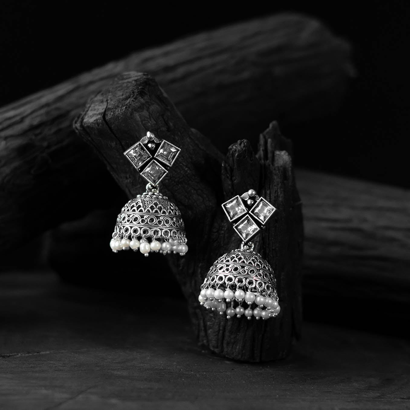 White - saanjh bela square oxidised jhumka earrings