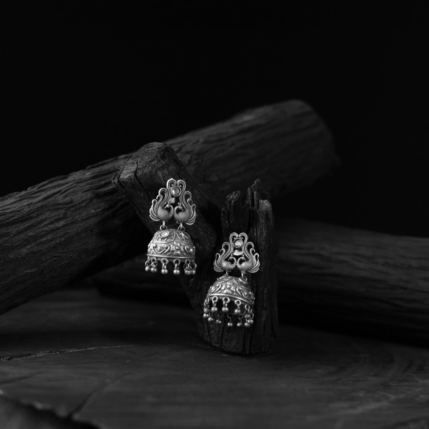 White - saanjh bela twin mayuri oxidised earrings