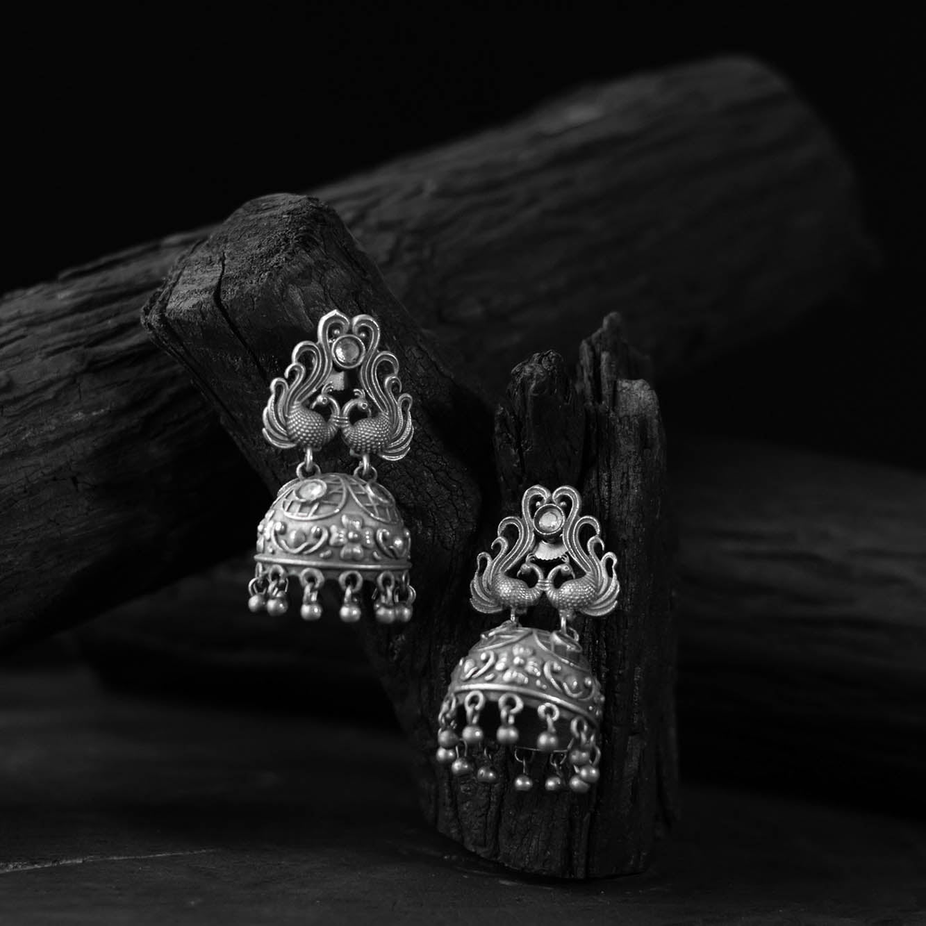 White - saanjh bela twin mayuri oxidised earrings