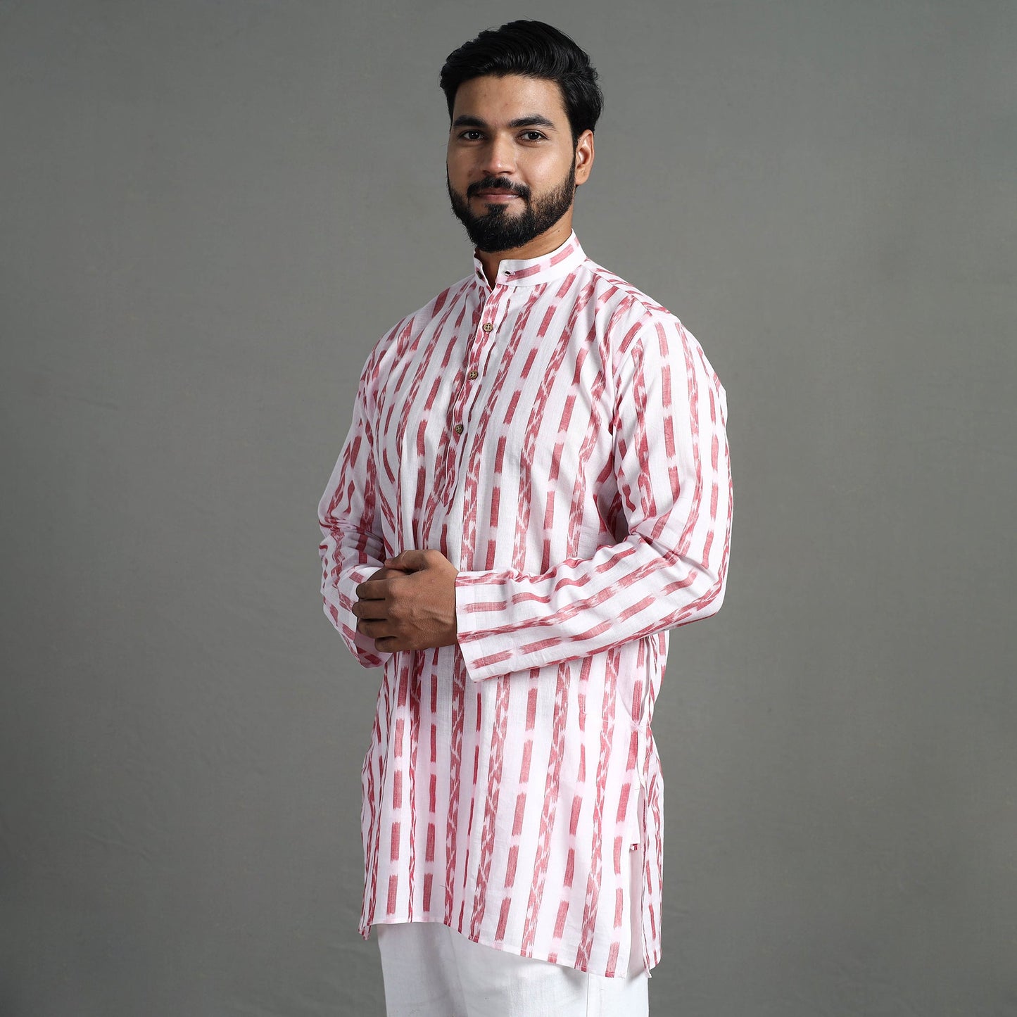 White - sambalpuri ikat weave cotton men short kurta