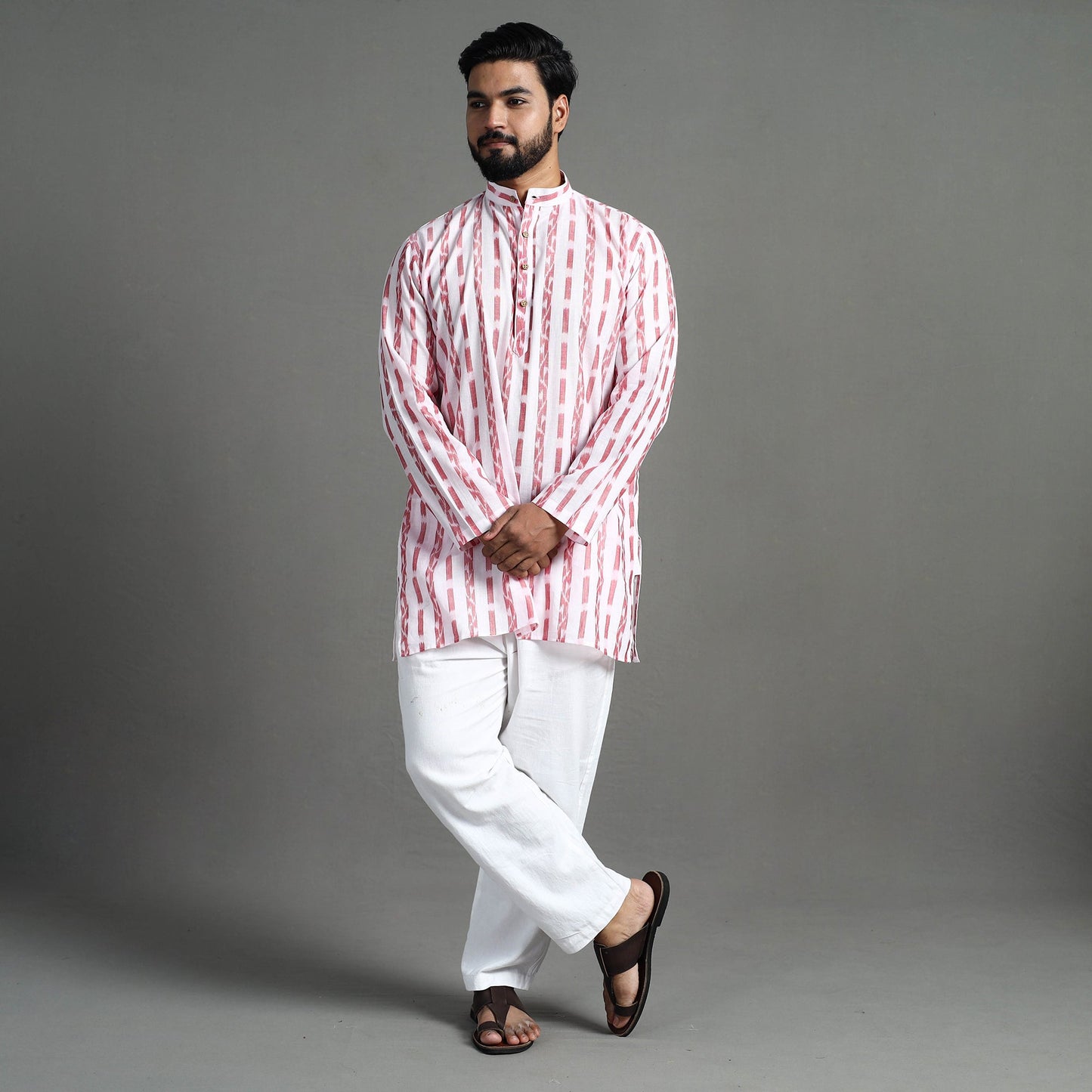 White - sambalpuri ikat weave cotton men short kurta