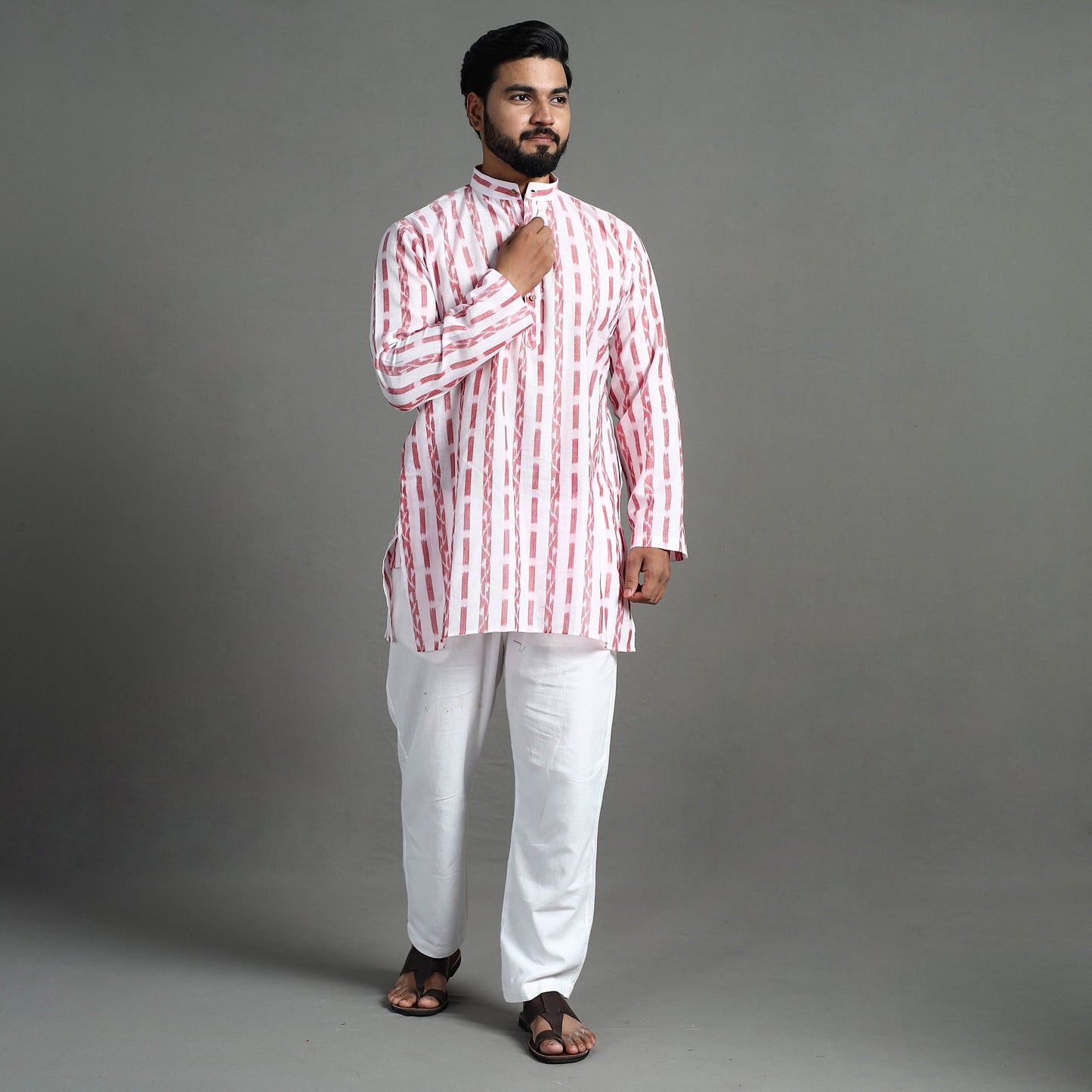 White - sambalpuri ikat weave cotton men short kurta
