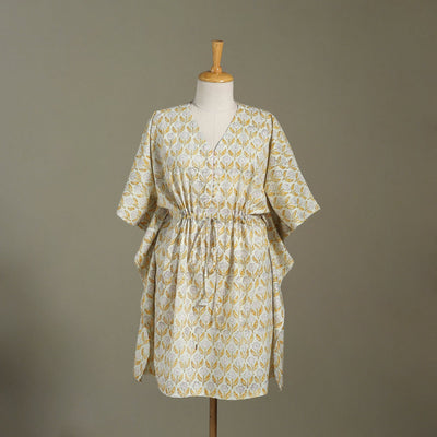 White Sanganeri Block Print Cotton Kaftan (Medium) 