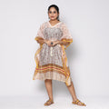 White - Sanganeri Block Printed Chanderi Silk Kaftan with Tie-Up Waist (Medium)