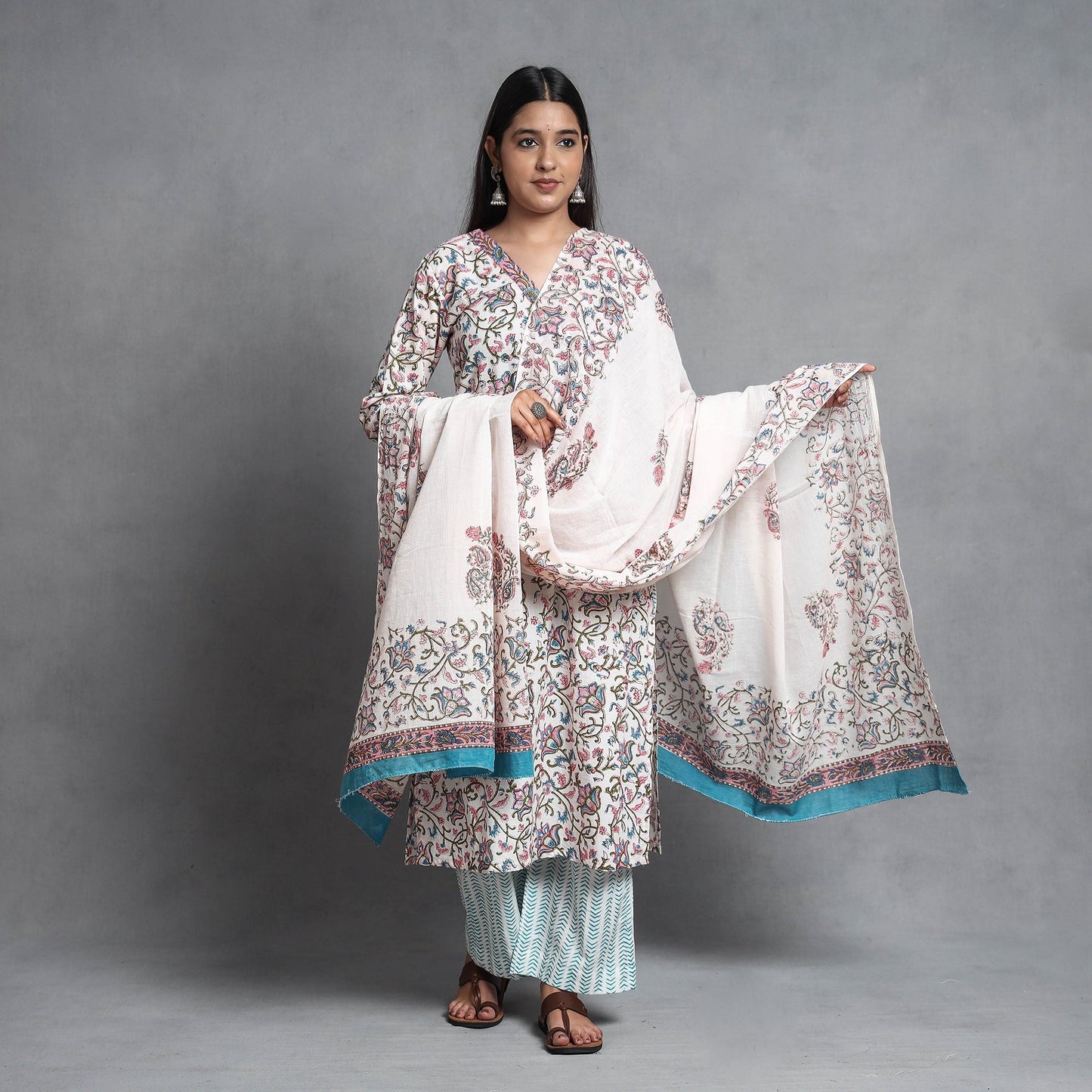 Buy Sanganeri Block Printed Cotton Kurta with Palazzo & Dupatta Set Online at iTokri.com