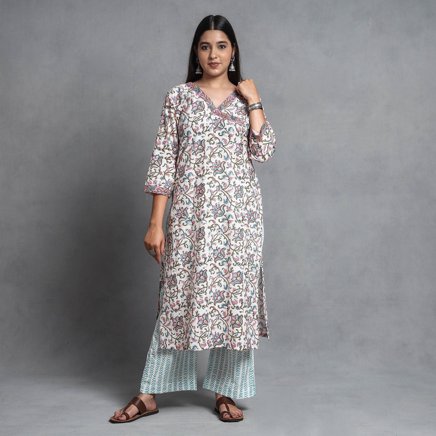 Buy Sanganeri Block Printed Cotton Kurta with Palazzo & Dupatta Set Online at iTokri.com