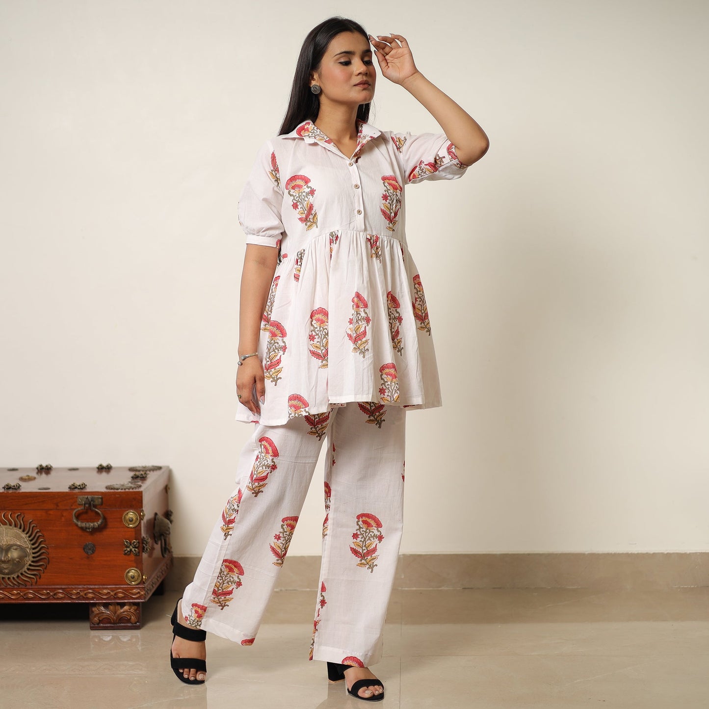 White - sanganeri block printed cotton co-ord set 19