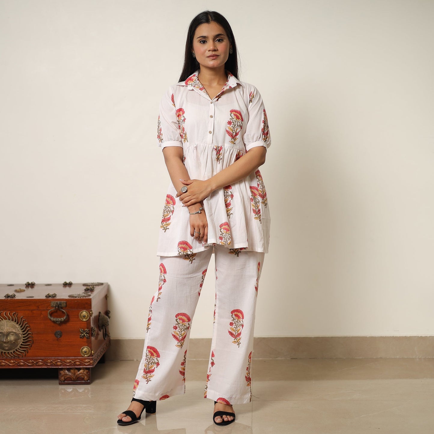 White - sanganeri block printed cotton co-ord set 19
