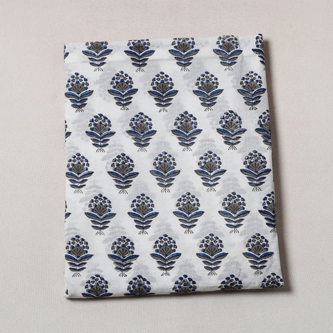  White Sanganeri Block Printed Cotton Precut Fabric