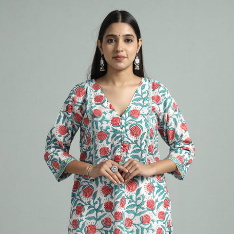 White - sanganeri block printed cotton straight kurta
