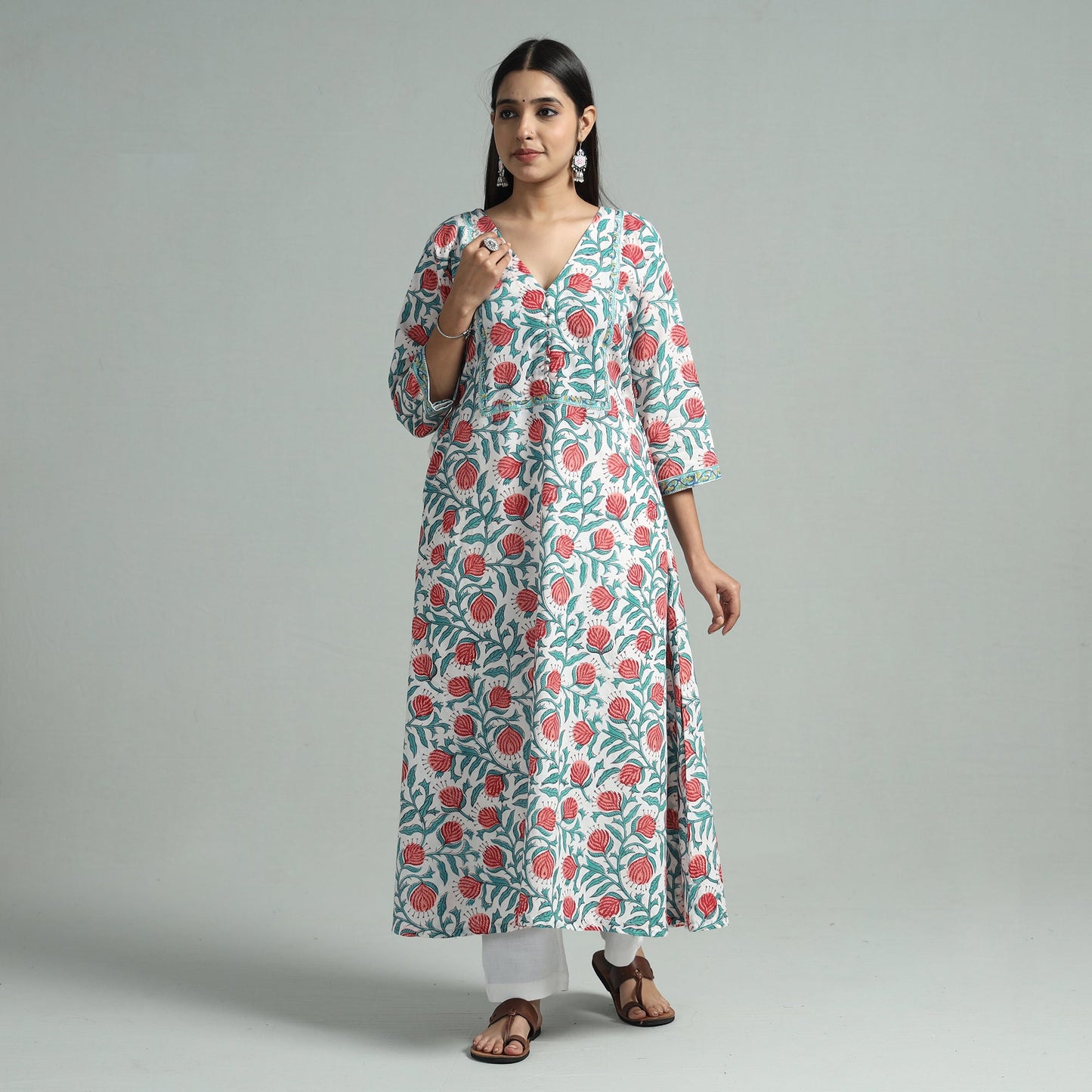 White - sanganeri block printed cotton straight kurta