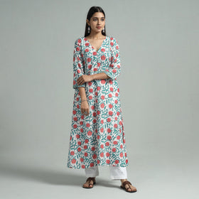White - sanganeri block printed cotton straight kurta