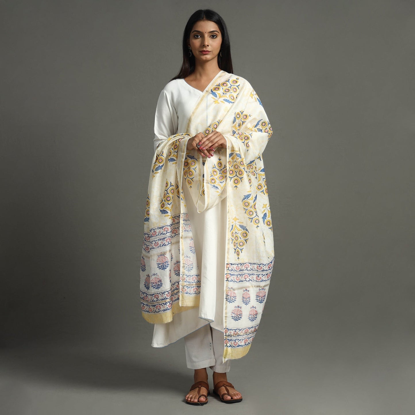  Sanganeri Block Printed Handloom Chanderi Silk Zari Border Dupatta 92 