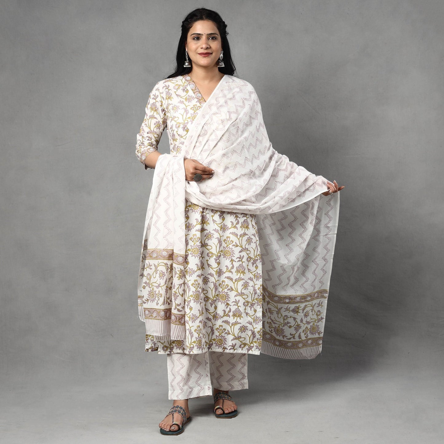 Sanganeri printing cotton kurta with palazzo & dupatta set