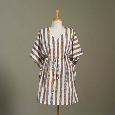 White Sanganeri Block Print Cotton Kaftan (Medium) 
