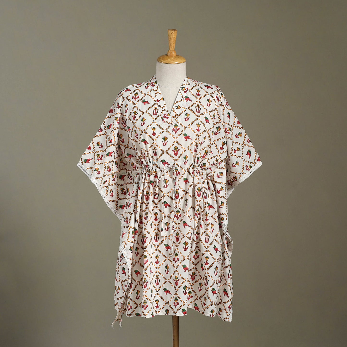 White Sanganeri Block Print Cotton Kaftan (Medium) 