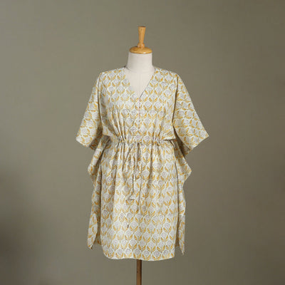 White Sanganeri Block Print Cotton Kaftan (Medium) 