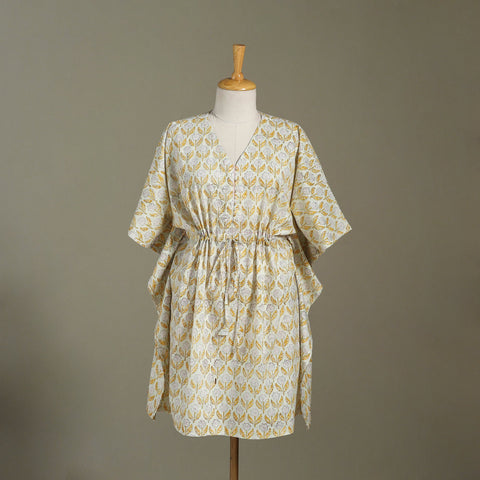 White Sanganeri Block Print Cotton Kaftan (Medium) 