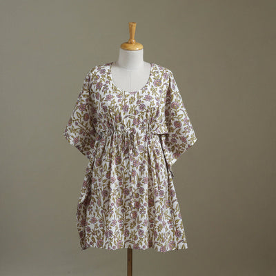 White Sanganeri Block Print Cotton Kaftan (Medium) 