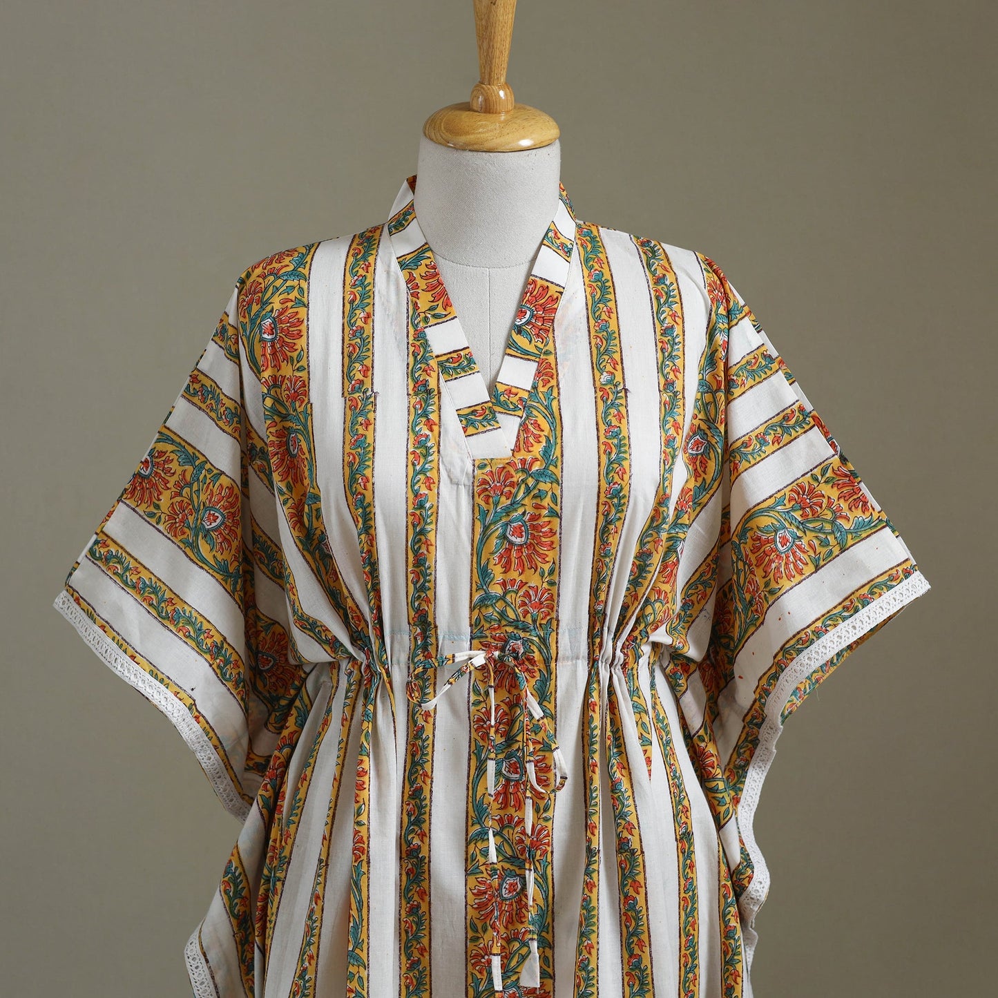 White Sanganeri Block Print Cotton Kaftan (Medium) 