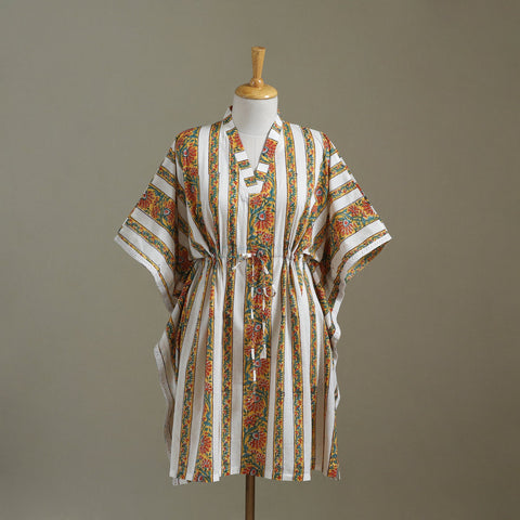 White Sanganeri Block Print Cotton Kaftan (Medium) 