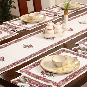 White Sanganeri Print Cotton Table Runner with Mats & Napkins
