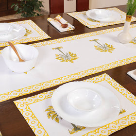White Sanganeri Print Cotton Table Runner with Mats & Napkins