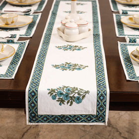 White Sanganeri Print Cotton Table Runner with Mats & Napkins