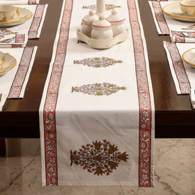 White Sanganeri Print Cotton Table Runner with Mats & Napkins