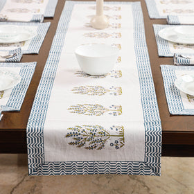 White Sanganeri Print Cotton Table Runner with Mats & Napkins