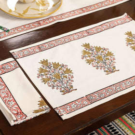 White Sanganeri Print Cotton Table Runner with Mats & Napkins