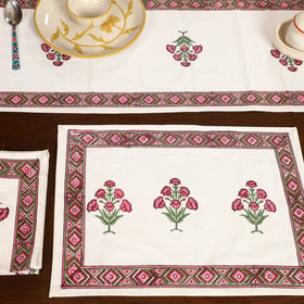 White Sanganeri Print Cotton Table Runner with Mats & Napkins