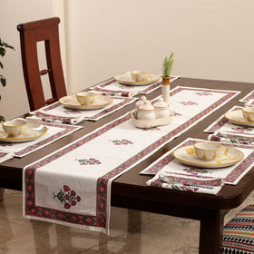 White Sanganeri Print Cotton Table Runner with Mats & Napkins