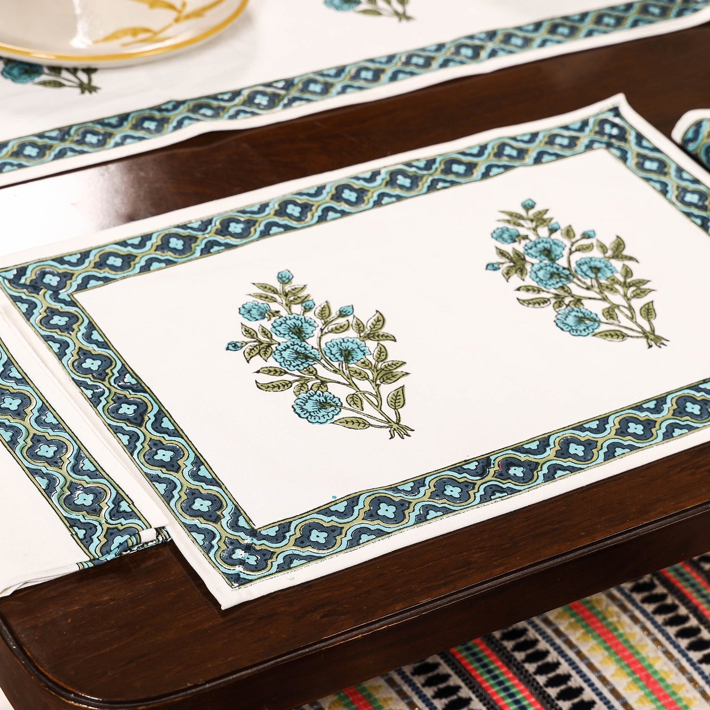 White Sanganeri Print Cotton Table Runner with Mats & Napkins