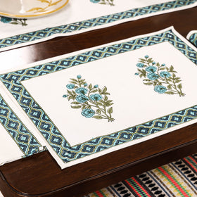 White Sanganeri Print Cotton Table Runner with Mats & Napkins