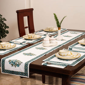 White Sanganeri Print Cotton Table Runner with Mats & Napkins