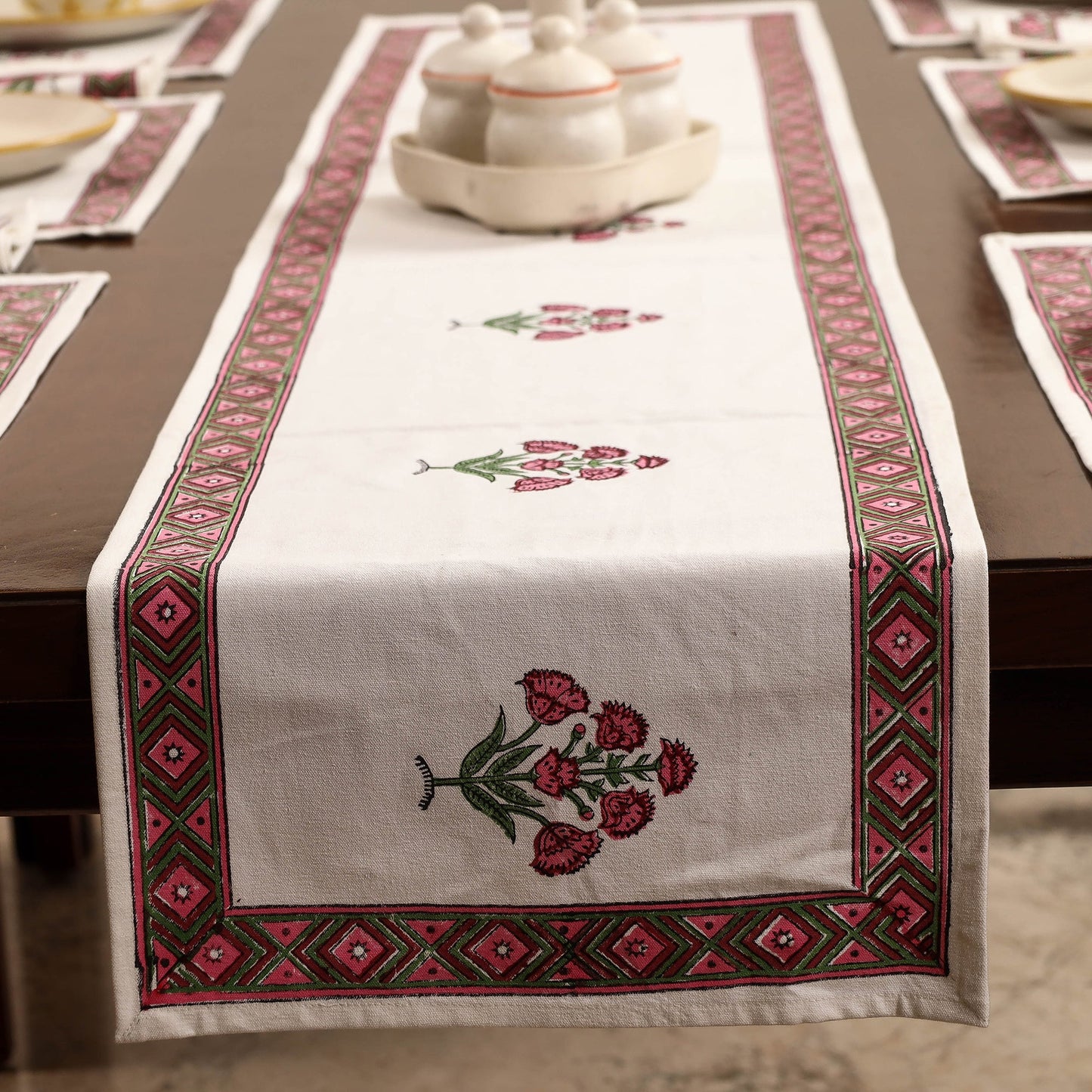 White Sanganeri Print Cotton Table Runner with Mats & Napkins