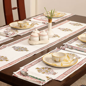 White Sanganeri Print Cotton Table Runner with Mats & Napkins