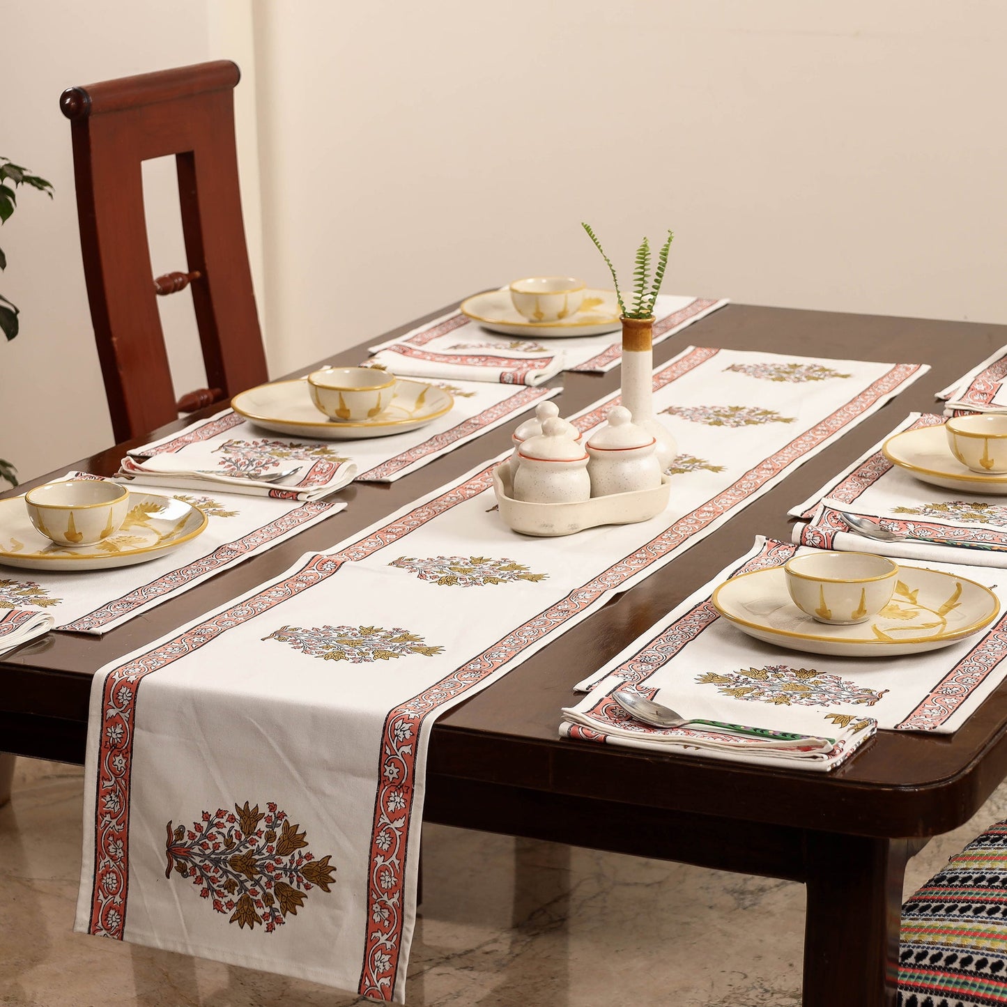 White Sanganeri Print Cotton Table Runner with Mats & Napkins