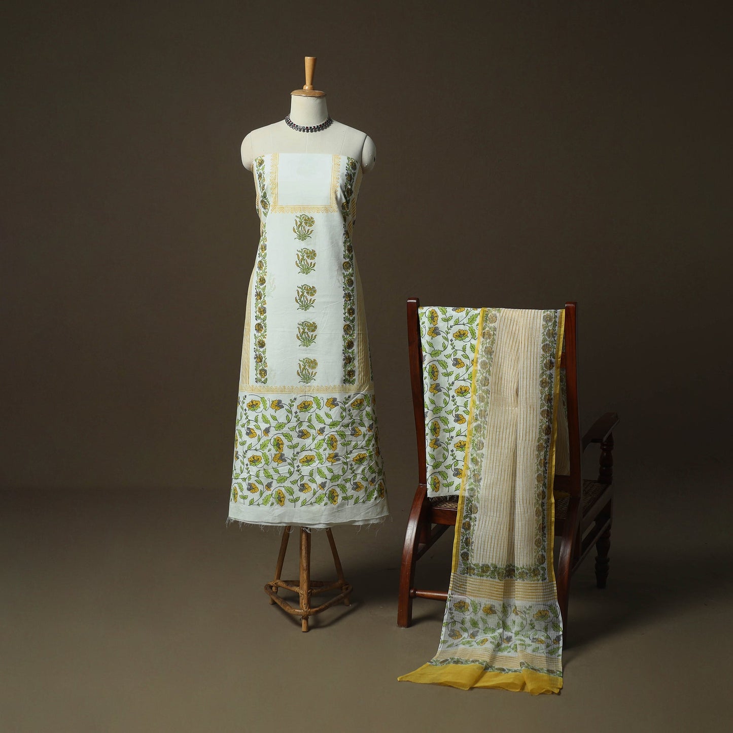 Sanganeri hand block print cotton 3pc unstitched dress