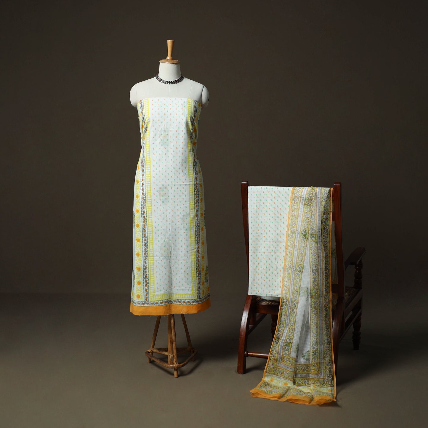 Sanganeri hand block print cotton 3pc unstitched dress