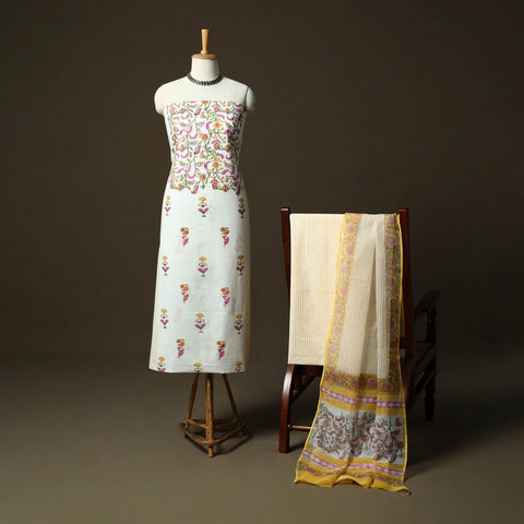 Sanganeri hand block print cotton 3pc unstitched dress