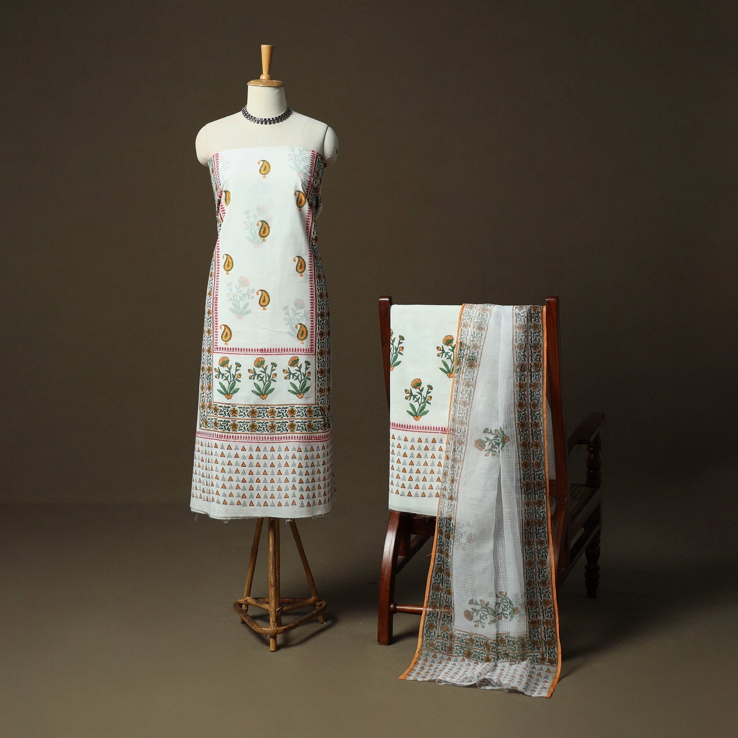 Sanganeri hand block print cotton 3pc unstitched dress