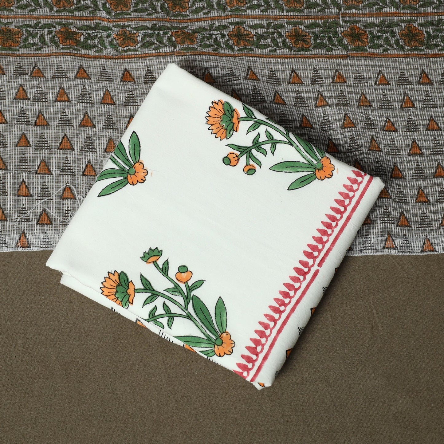 Sanganeri hand block print cotton 3pc unstitched dress